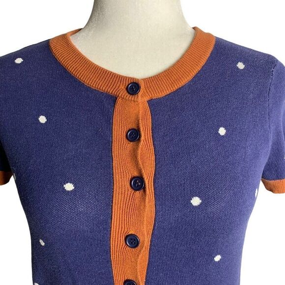 ModCloth Short Sleeve Cardigan Sweater XS Blue Knit Polka Dot Buttons Round Neck - Picture 2 of 6